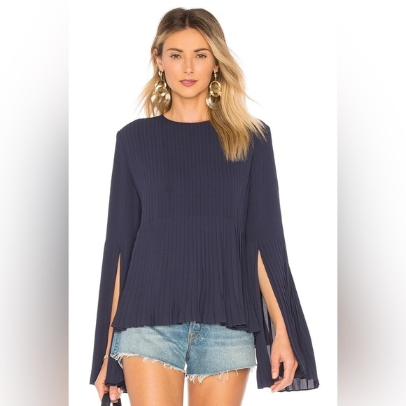 Elizabeth and James Blue Pleated Seena Georgette High Low Hem Top - Picture 1 of 8